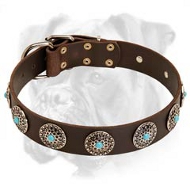 Boxer Leather Dog Collar with Curved Circles and Blue Stones Boxer Leather Dog Collar with Curved Circles and Blue Stones