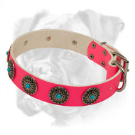 Boxer Pink Leather Collar with Brass Circles and Blue Stones Boxer Pink Leather Collar with Brass Circles and Blue Stones