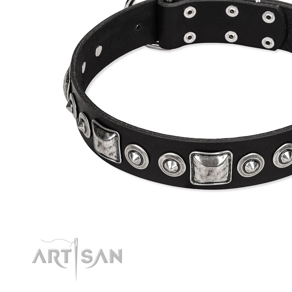 Full grain leather dog collar made of soft material with adornments