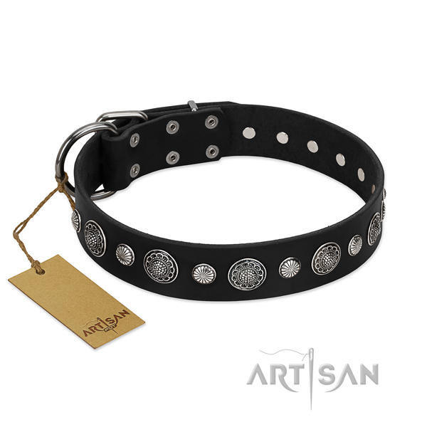 Durable genuine leather dog collar with extraordinary decorations