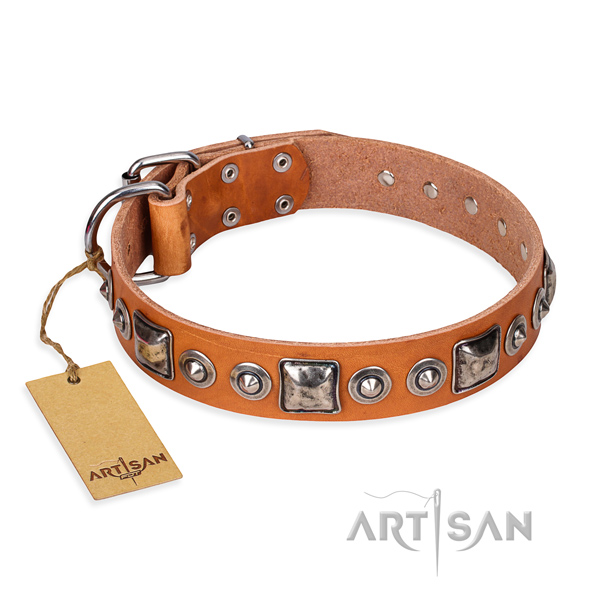 Leather dog collar made of flexible material with rust resistant D-ring