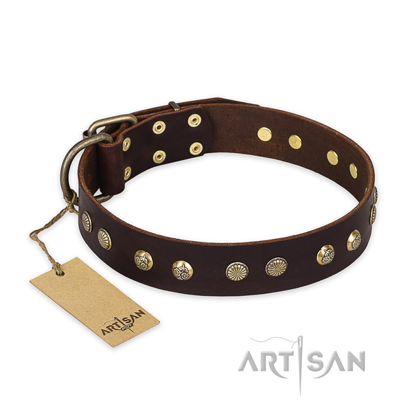 Adjustable full grain genuine leather dog collar with corrosion resistant hardware