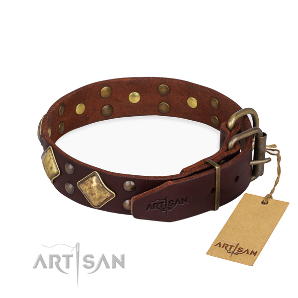 Full grain genuine leather dog collar with unique reliable decorations