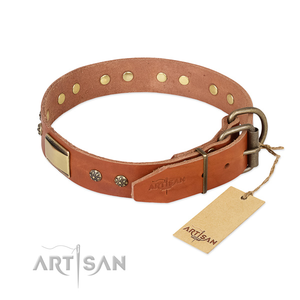 Natural genuine leather dog collar with strong traditional buckle and decorations
