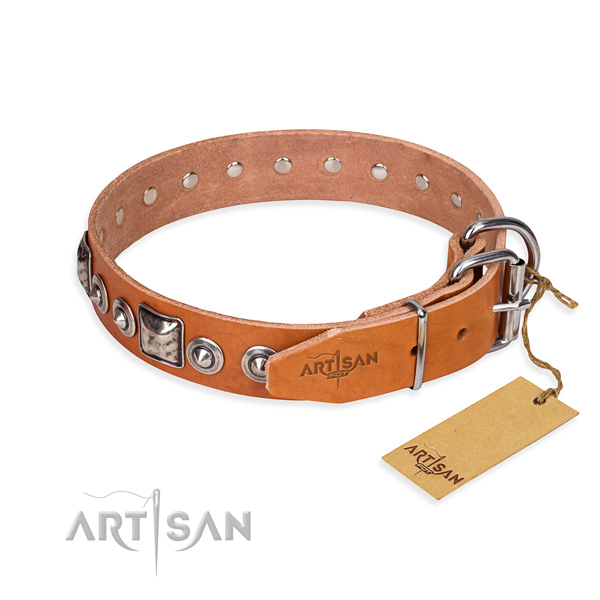 Full grain genuine leather dog collar made of gentle to touch material with rust resistant studs