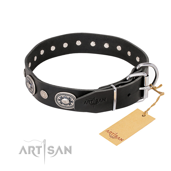 Durable natural genuine leather dog collar handmade for everyday walking