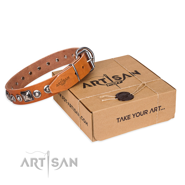 Full grain genuine leather dog collar made of soft to touch material with reliable traditional buckle