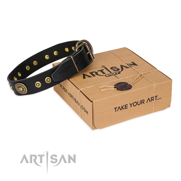 Natural genuine leather dog collar made of soft material with reliable buckle