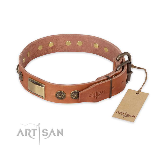 Corrosion resistant D-ring on full grain genuine leather collar for everyday walking your four-legged friend