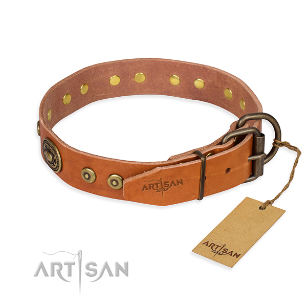 Natural genuine leather dog collar made of top notch material with corrosion proof decorations