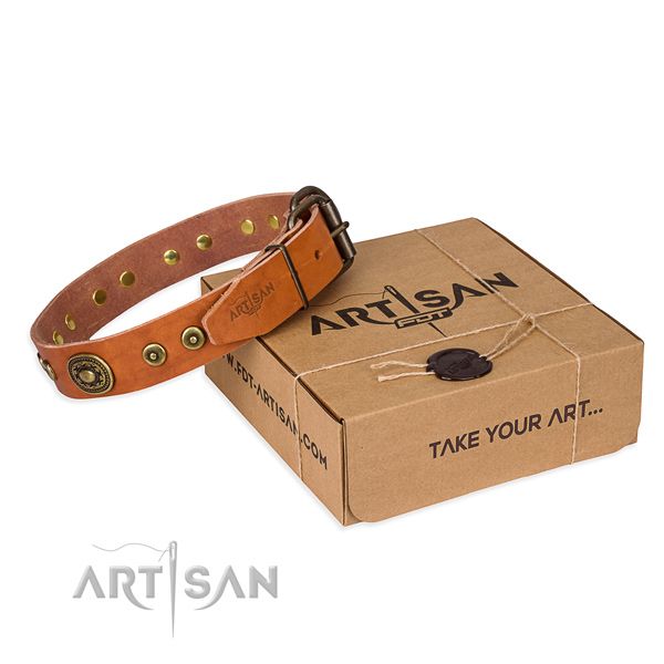 Genuine leather dog collar made of gentle to touch material with rust resistant hardware