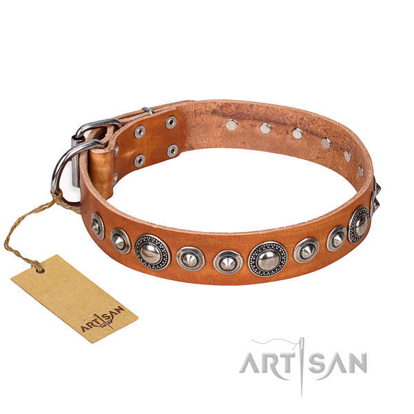 Full grain natural leather dog collar made of soft to touch material with reliable D-ring