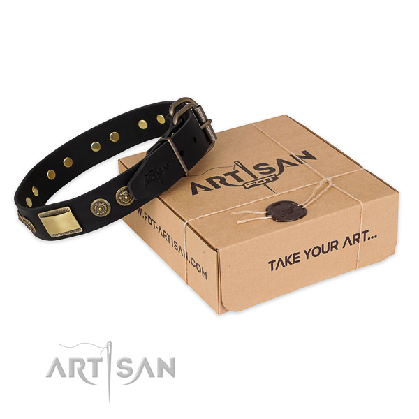 Strong traditional buckle on natural genuine leather dog collar for easy wearing