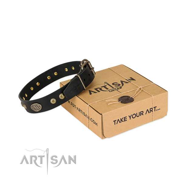 Corrosion proof fittings on genuine leather dog collar for your four-legged friend