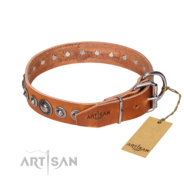 Natural genuine leather dog collar made of flexible material with durable studs