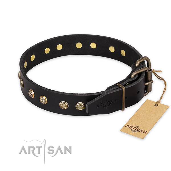 Rust-proof D-ring on natural genuine leather collar for your impressive pet