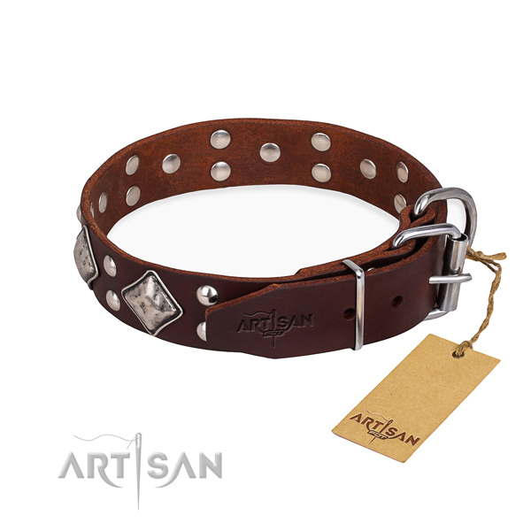 Genuine leather dog collar with designer corrosion resistant adornments
