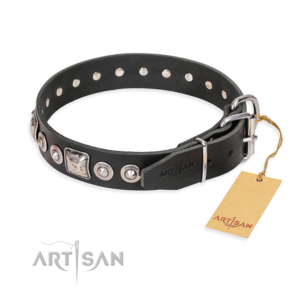 Genuine leather dog collar made of gentle to touch material with corrosion proof decorations