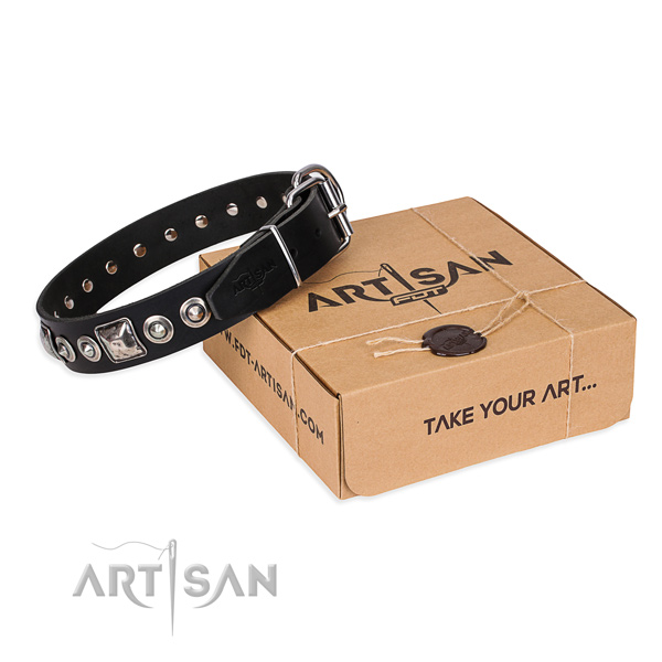 Natural genuine leather dog collar made of gentle to touch material with durable traditional buckle