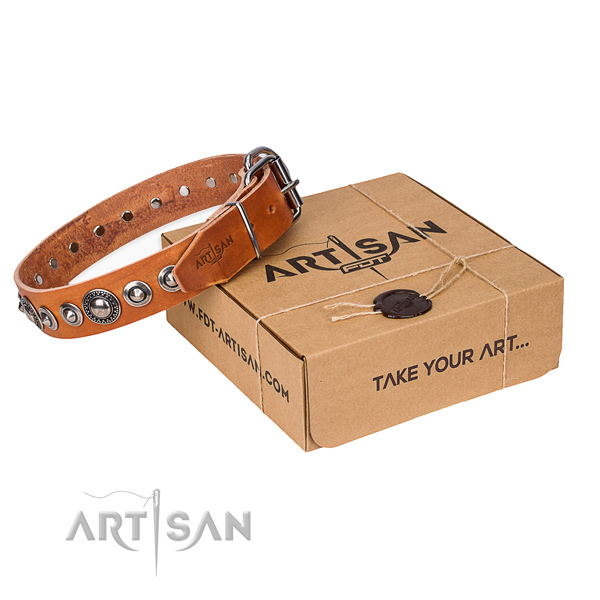 Genuine leather dog collar made of top rate material with strong hardware