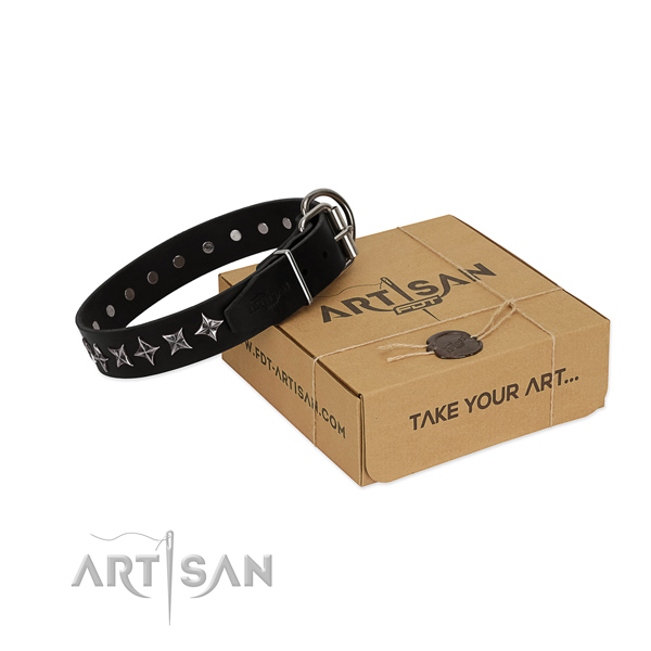 Handy use dog collar of top notch full grain genuine leather with adornments