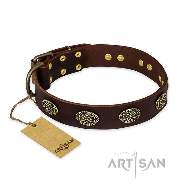 Decorated full grain leather dog collar with rust resistant D-ring