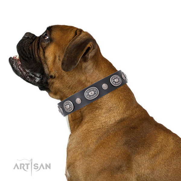 Corrosion resistant buckle and D-ring on leather dog collar for everyday use