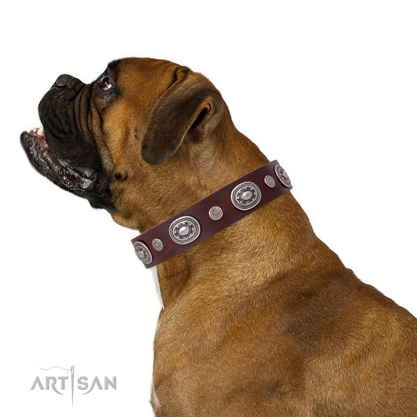 Corrosion proof buckle and D-ring on genuine leather dog collar for everyday walking