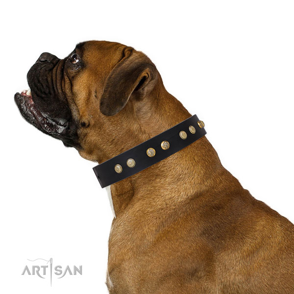Exquisite decorations on everyday use full grain genuine leather dog collar
