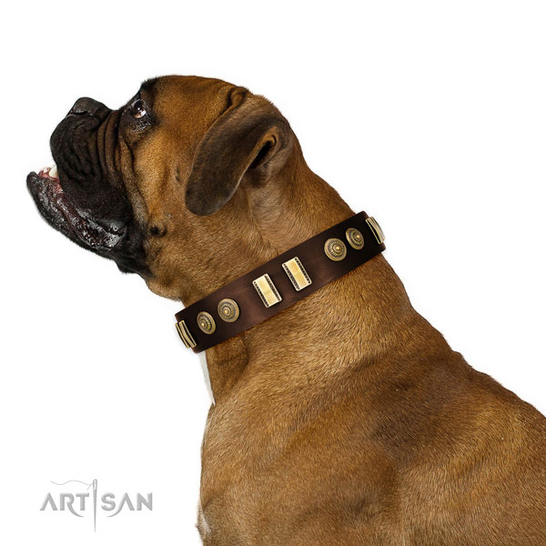Corrosion proof buckle on natural leather dog collar for comfortable wearing