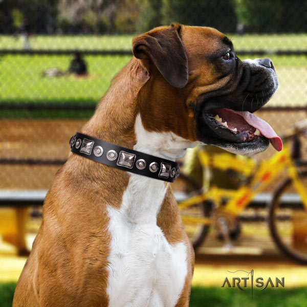 Boxer handcrafted natural leather collar with rust-proof d-ring