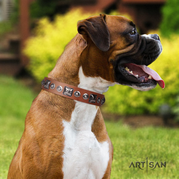 Boxer stylish genuine leather collar with corrosion proof buckle