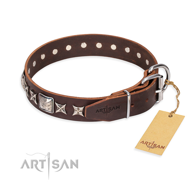 Handy use full grain natural leather collar with studs for your four-legged friend