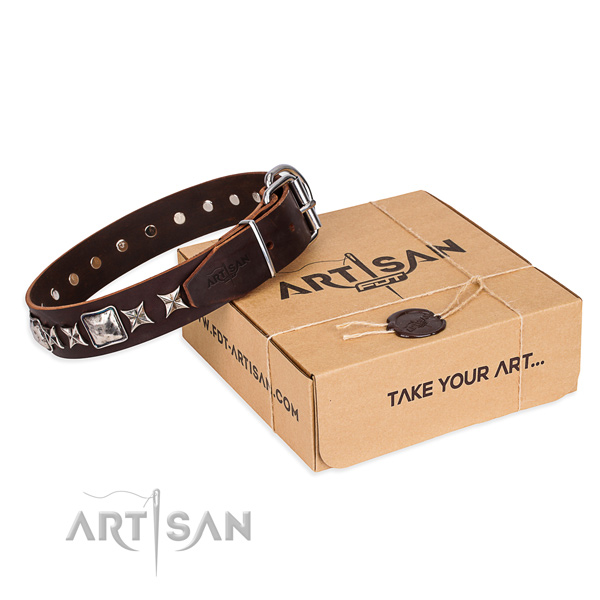 Decorated full grain genuine leather dog collar for daily walking