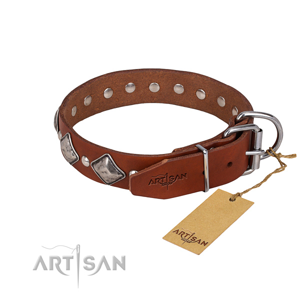 Full grain genuine leather dog collar with smoothed leather strap