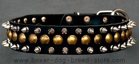 3 Rows Leather Spiked and Studded Dog Collar for Boxer dog