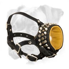 Safe no-bite leather Boxer muzzle with pyramids and studs