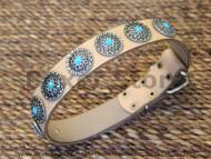 Tan Leather Dog Collar with Silver Plated Circles Blue Stones