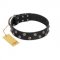 "Power-Flower" FDT Artisan Black Leather Boxer Collar with Two Rows of Silver-like Studs with Engraved Flowers