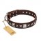 "Perfect Impression" FDT Artisan Brown Leather Boxer Collar with Silver-Like Studs - 1 1/2 inch (40 mm) Wide