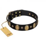 "Gilded Stones" FDT Artisan Black Leather Boxer Collar with Old Bronze-like Ovals and Studs - 1 1/2 inch (40 mm) wide