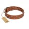 "Waltz of the Flowers" Handmade FDT Artisan Tan Leather Boxer Collar with Chrome-plated Engraved Studs