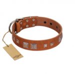 "Egyptian Gifts" Handmade FDT Artisan Tan Leather Boxer Collar with Chrome-plated Pyramids