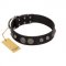 "Tricky Ricky" FDT Artisan Black Leather Boxer Collar Adorned with Silver-Like Conchos