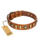 "Happy Hound" FDT Artisan Tan Leather Boxer Collar with Elegant Decorations