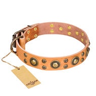 'Sophisticated Glamor' FDT Artisan Boxer Tan Leather Dog Collar with Charming Old-Bronze Plated Decorations