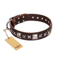 "Perfect Impression" FDT Artisan Brown Leather Boxer Collar with Silver-Like Studs - 1 1/2 inch (40 mm) Wide