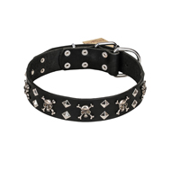 FDT Artisan 'Rock 'n' Roll Style' Leather Boxer Collar with Skulls, Bones and Studs 1 1/2 inch (40 mm) wide