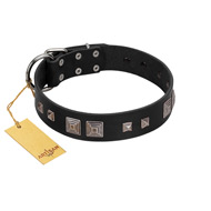 "Foregone Riches" FDT Artisan Black Leather Boxer Collar with Old Silver-like Square Studs and Pyramids