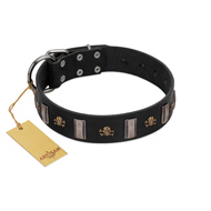 "Pirates' Symbol" Fashionable FDT Artisan Black Leather Boxer Collar with Silver-Like Plates and Gold-Like Skulls